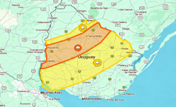 Mapa de advertencia meteorológica del Inumet mostrando las zonas pintadas de naranja y amarillo.