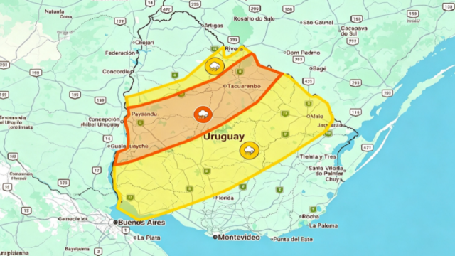 Mapa de advertencia meteorológica del Inumet mostrando las zonas pintadas de naranja y amarillo.