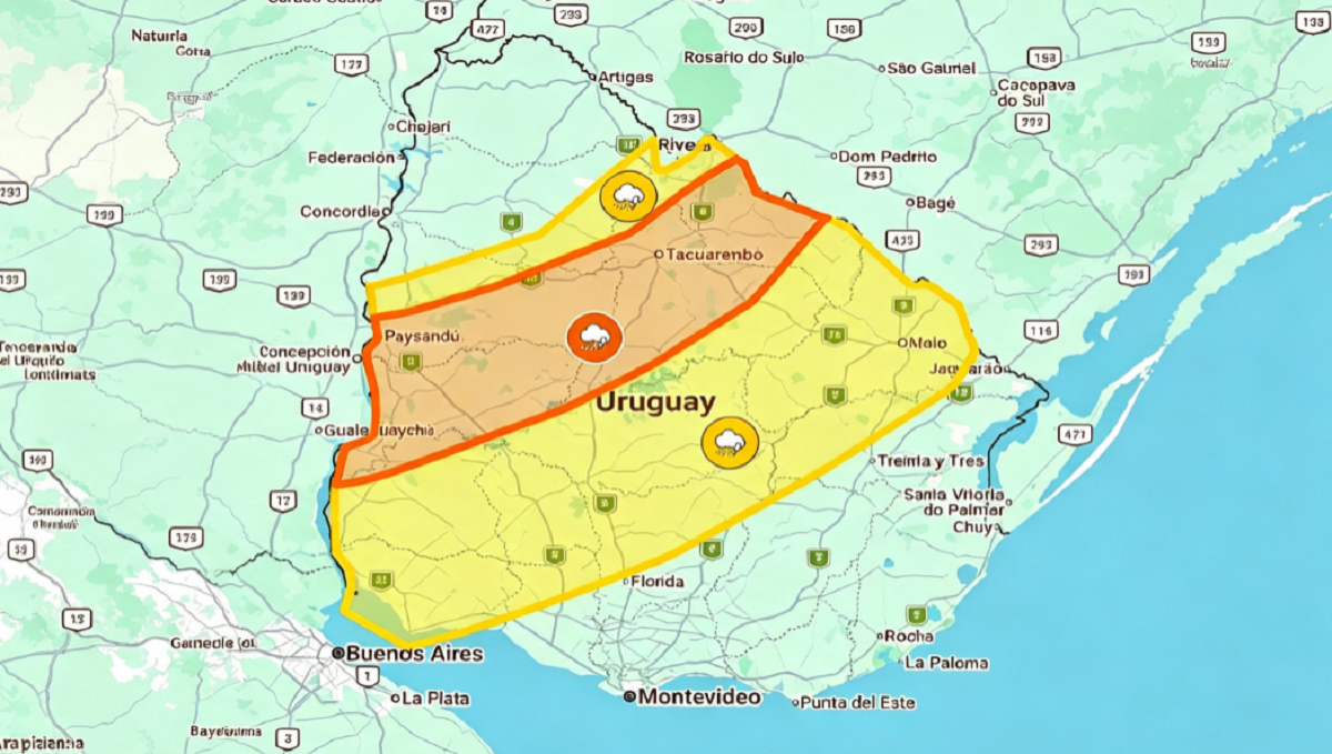 Mapa de advertencia meteorológica del Inumet mostrando las zonas pintadas de naranja y amarillo.