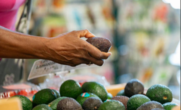 Manos evaluando la firmeza de una palta en una verdulería.
