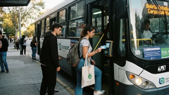 Estudiantes subiendo a un ómnibus del transporte colectivo
