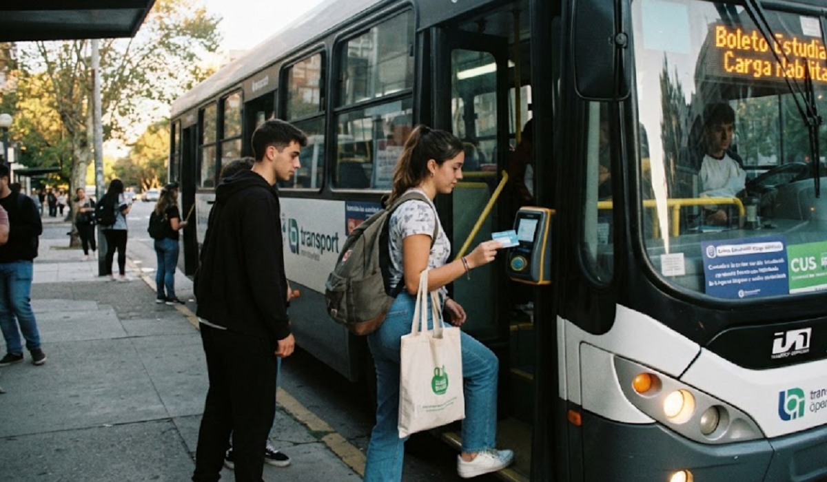 Estudiantes subiendo a un ómnibus del transporte colectivo