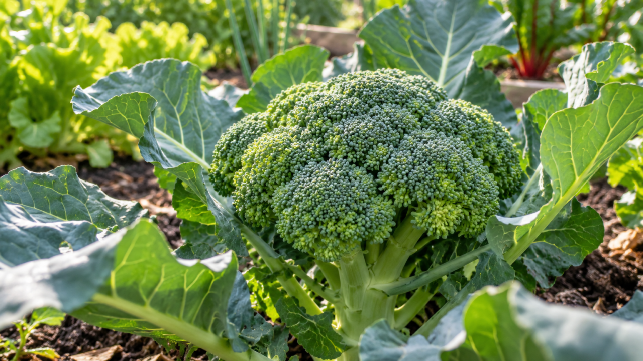 Cabeza de brócoli verde y compacta creciendo en un cantero de huerta orgánica.