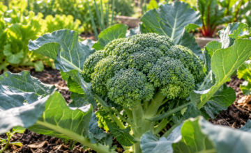 Cabeza de brócoli verde y compacta creciendo en un cantero de huerta orgánica.