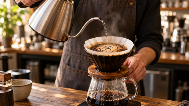 Barista vertiendo agua caliente con pava de cuello de cisne sobre café recién molido en un filtro de papel.