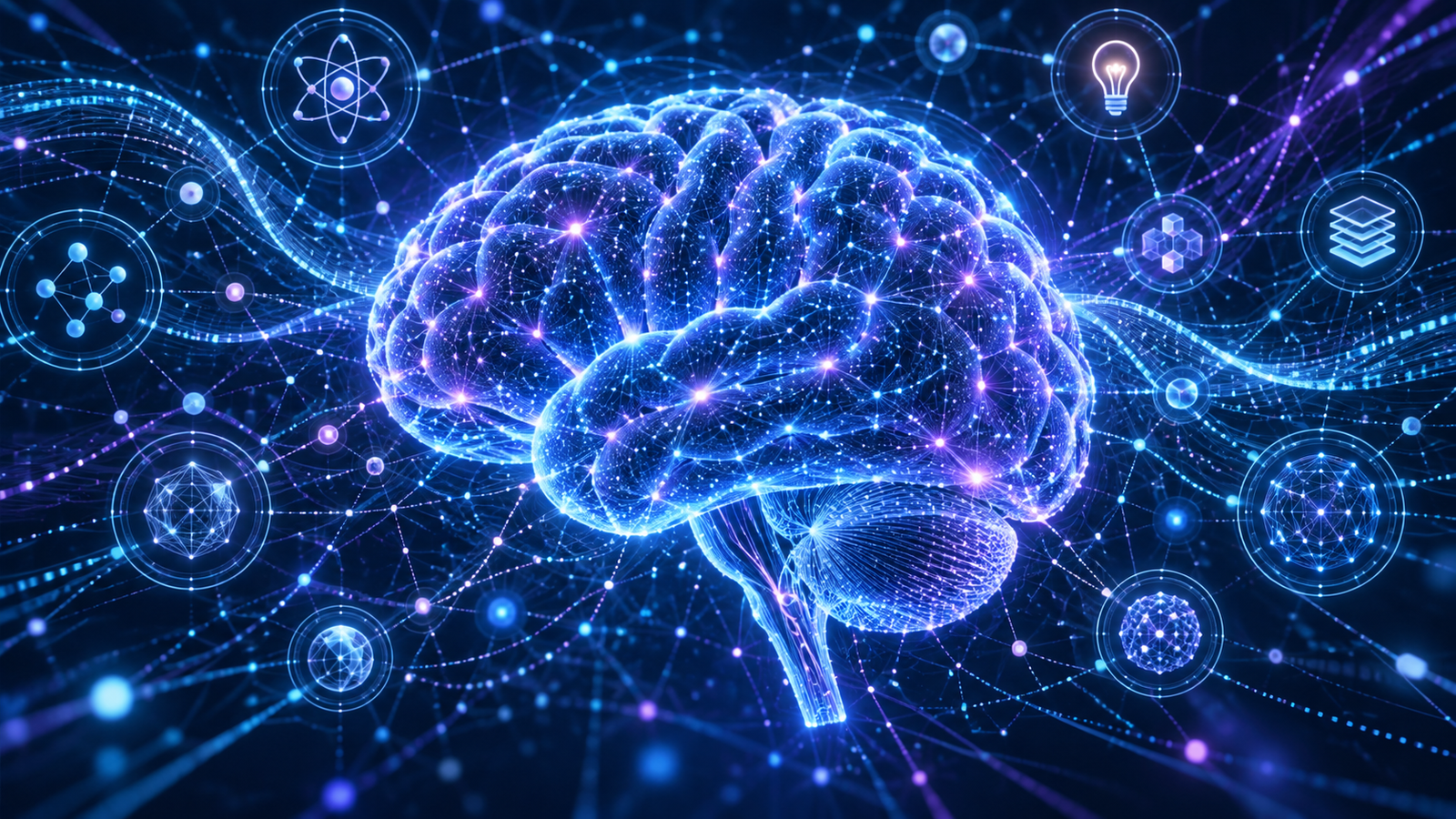 Ilustración de un cerebro humano rodeado de redes de información y datos.