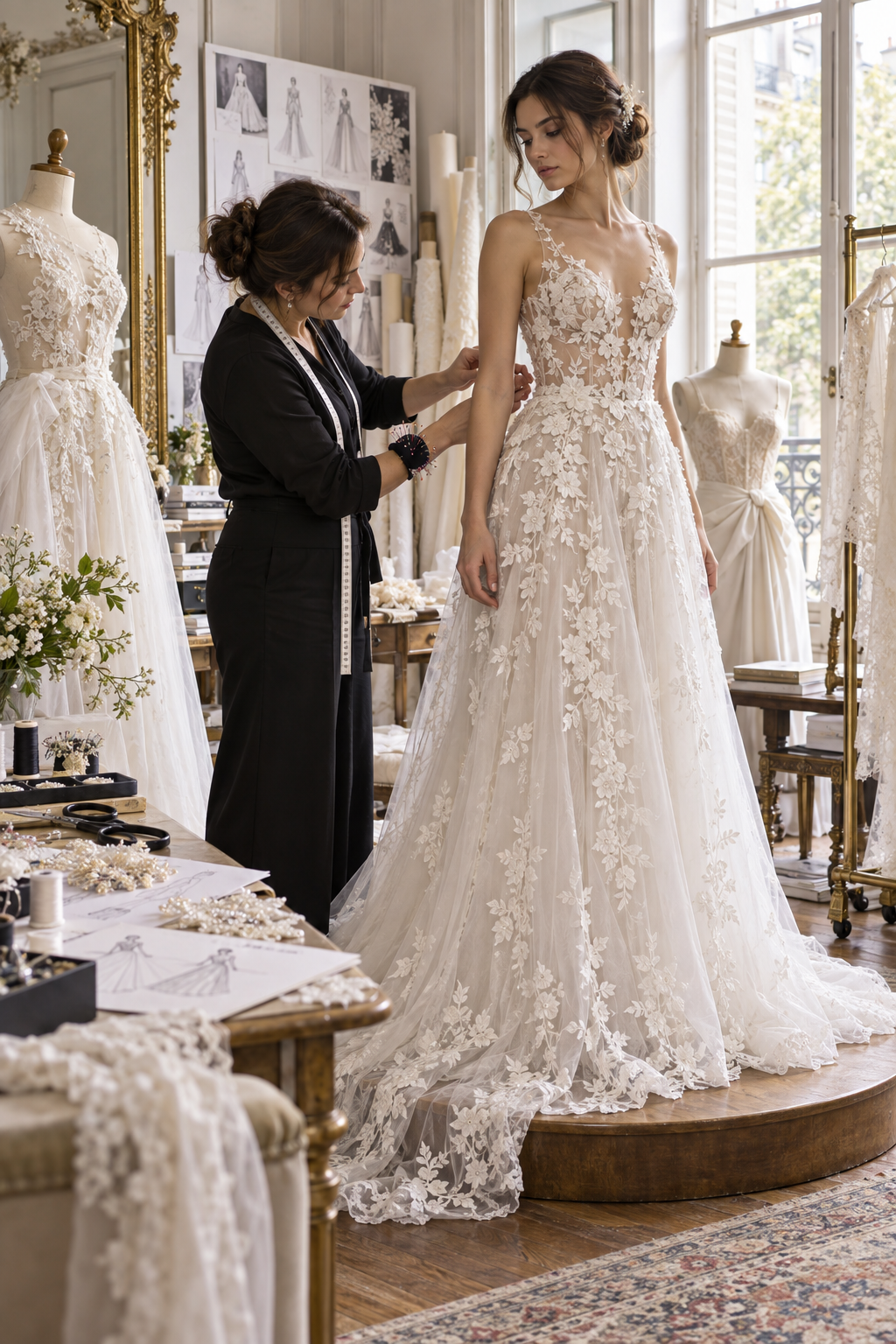 Diseñadora de moda ajustando los detalles de un vestido de novia de diseñador en un atelier.