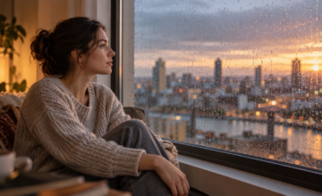Persona sentada junto a una ventana mirando hacia el exterior en actitud reflexiva.