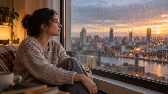 Persona sentada junto a una ventana mirando hacia el exterior en actitud reflexiva.