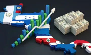 Billetes de dólares estadounidenses y mapa conceptual del comercio en Centroamérica.