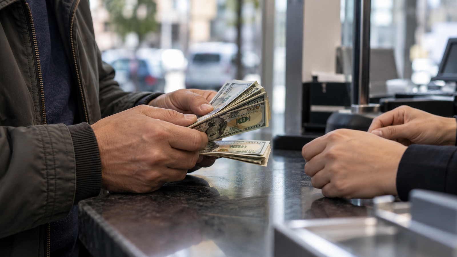Ciudadano contando billetes de dólares estadounidenses en una transacción