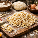 Plato de fideos salteados con salsa y especias servido en la mesa
