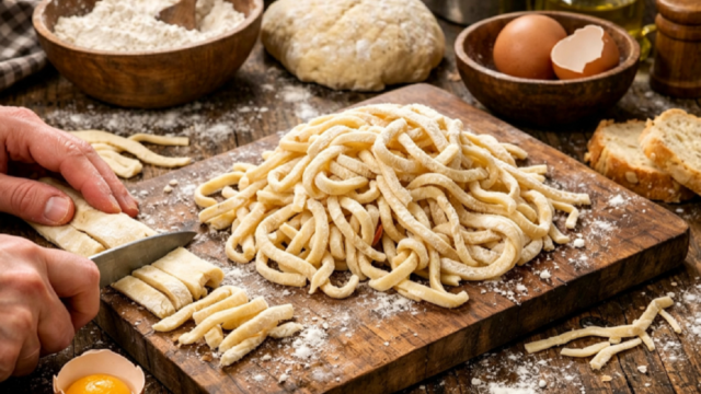 Plato de fideos salteados con salsa y especias servido en la mesa
