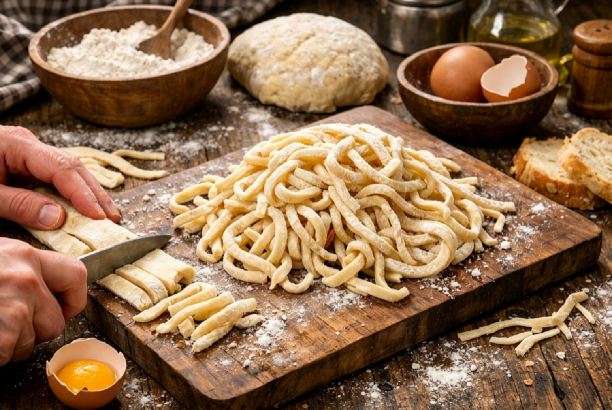 Plato de fideos salteados con salsa y especias servido en la mesa