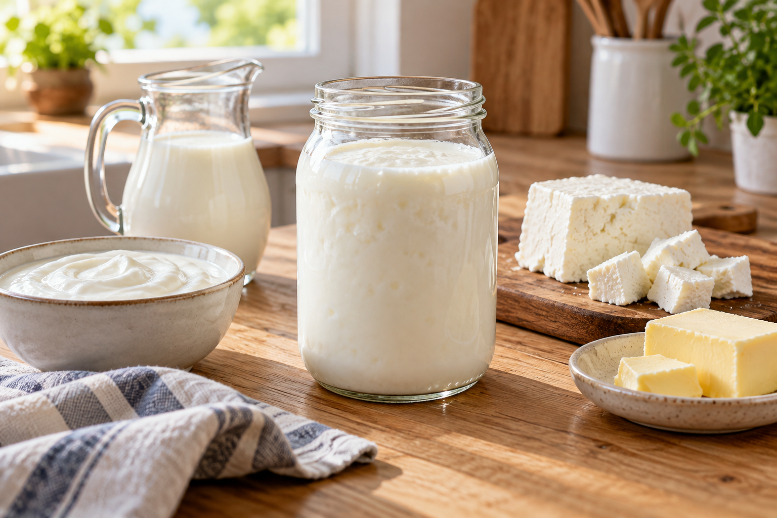 Frasco de vidrio con kéfir de leche rodeado de lácteos frescos en una cocina.