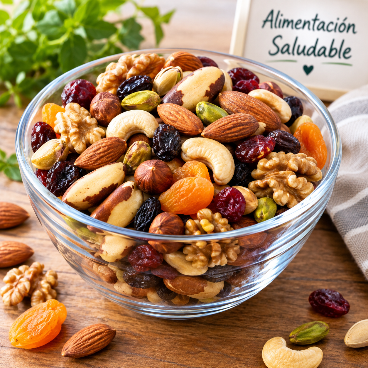 Frutos secos surtidos en un bol de vidrio para una alimentación saludable.