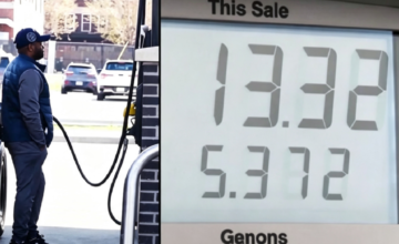 Pantalla digital de una estación de servicio mostrando precios elevados de la gasolina y el diésel.