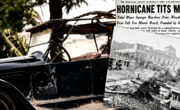 Vista histórica de las ruinas y viviendas colapsadas en Florida después del ciclón de 1926.