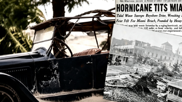 Vista histórica de las ruinas y viviendas colapsadas en Florida después del ciclón de 1926.