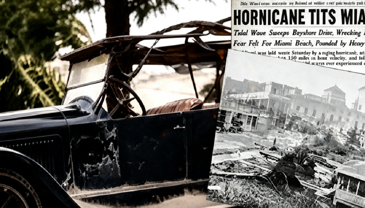 Vista histórica de las ruinas y viviendas colapsadas en Florida después del ciclón de 1926.