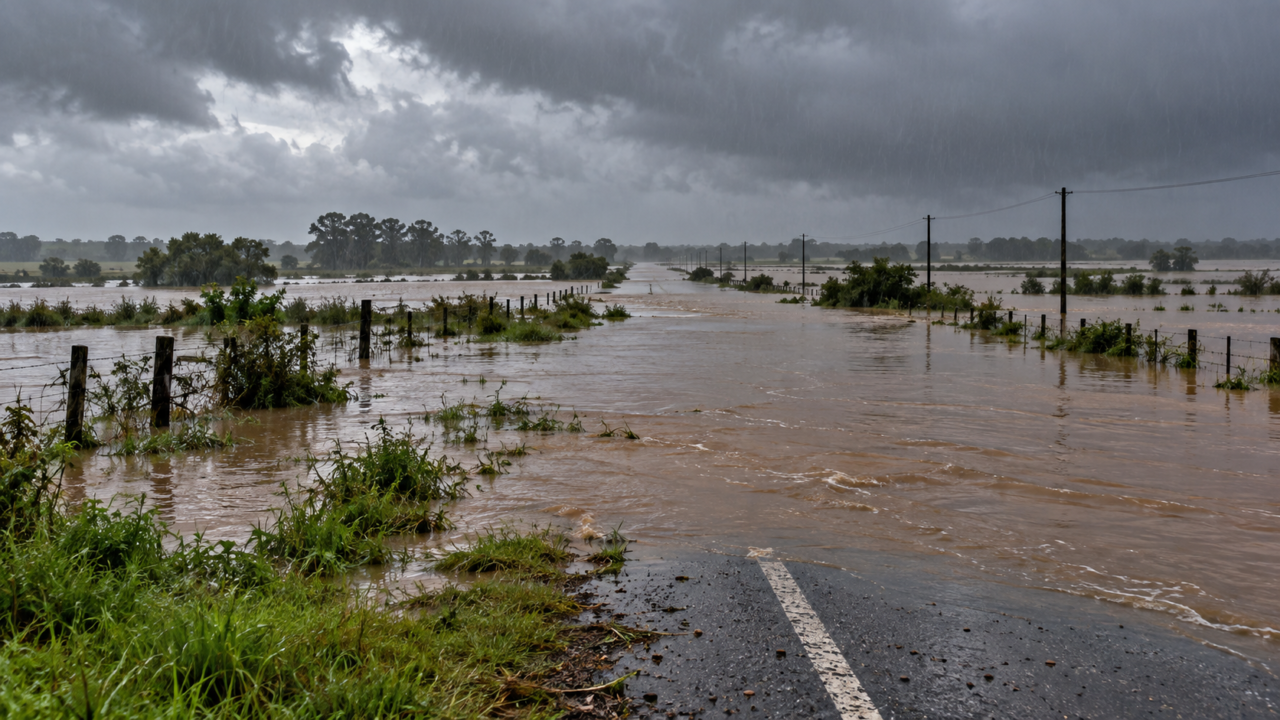 Ruta anegada y campo inundado por intensas lluvias en el departamento de Salto.
