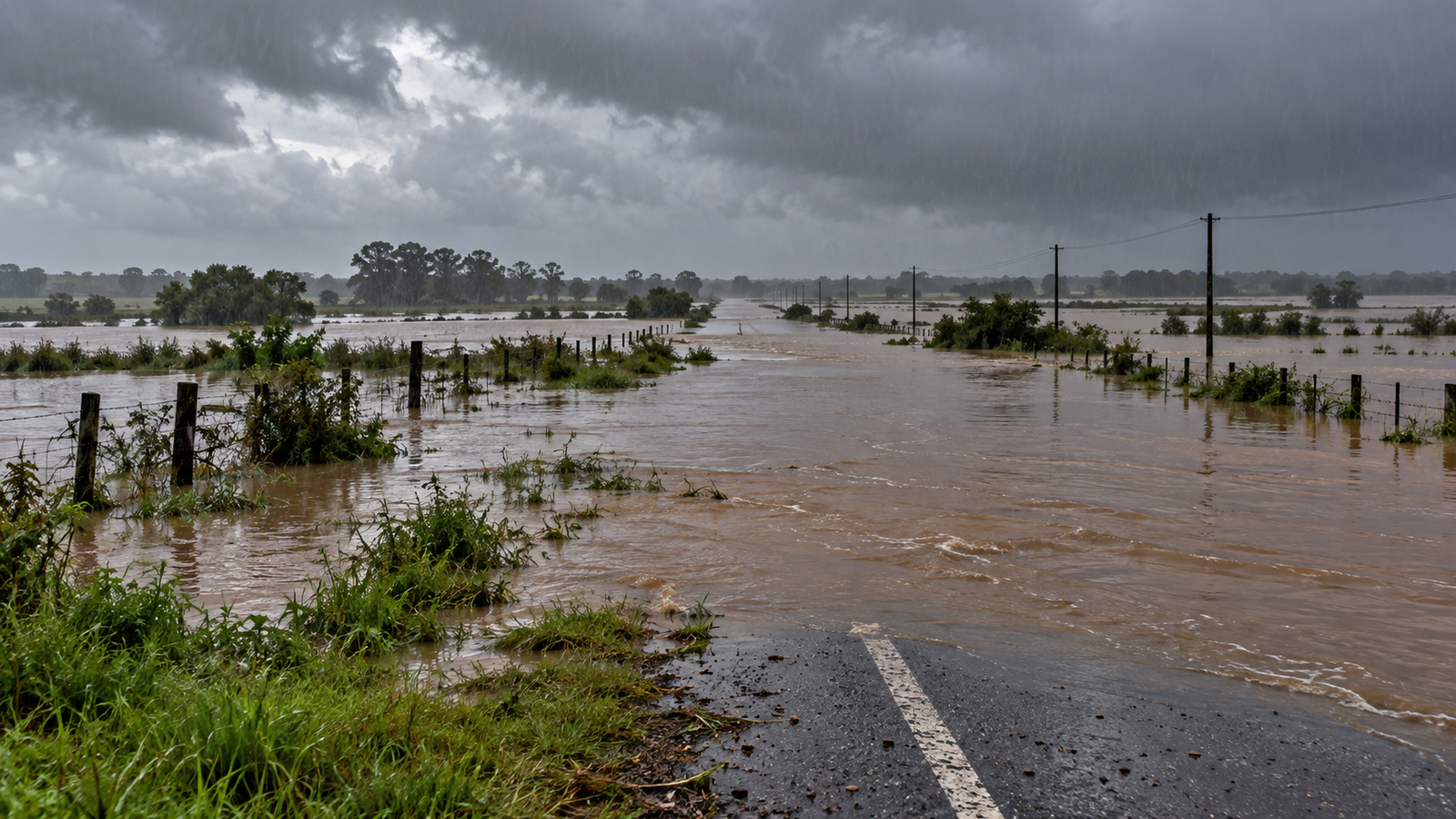 Ruta anegada y campo inundado por intensas lluvias en el departamento de Salto.
