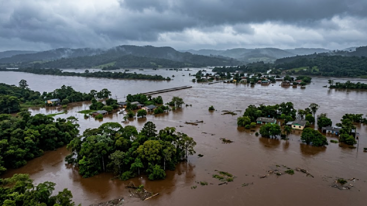 Caudal crecido del río Uruguay avanzando sobre la vegetación de la costa durante un temporal.