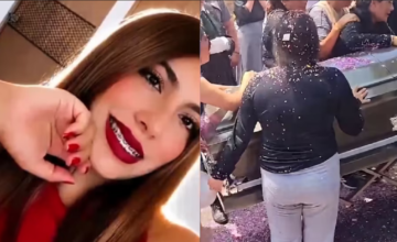 Familiares y vecinos reunidos durante el cortejo fúnebre de Aleyda Romero en Chalco.