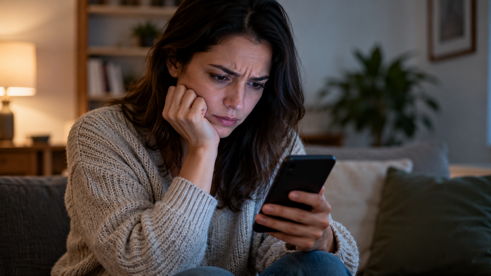 Persona mirando la pantalla de un teléfono móvil con expresión de preocupación.