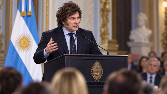 El presidente argentino Javier Milei exponiendo en el estrado durante un acto político.