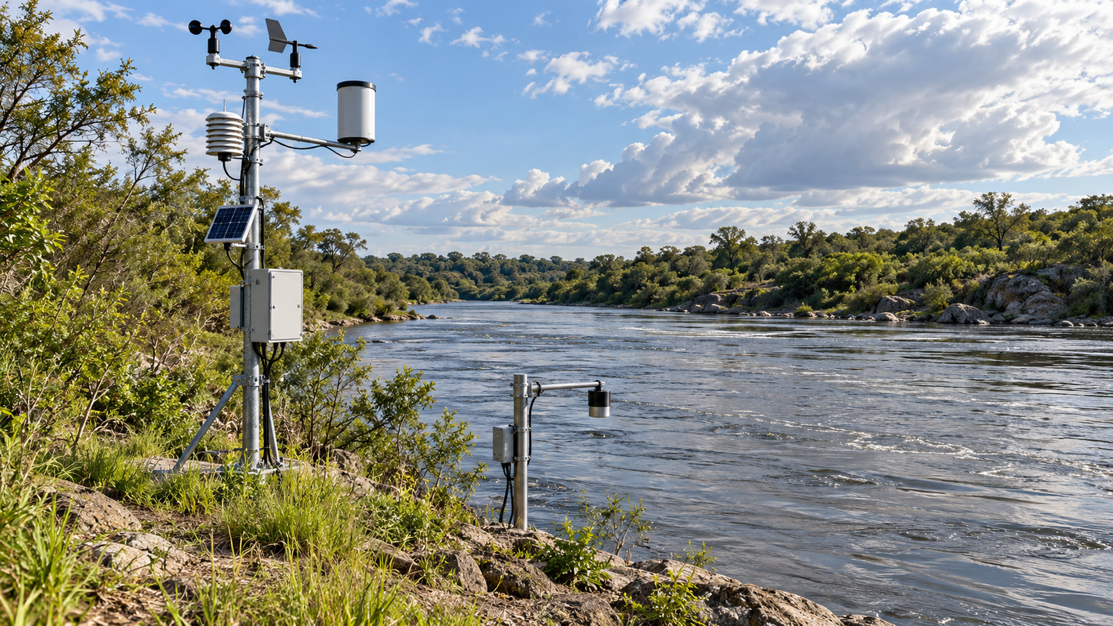 Estación meteorológica y sensores de monitoreo de ríos