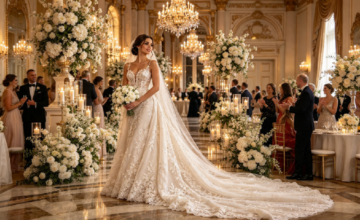 Novia luciendo un vestido de alta costura con cola larga durante una ceremonia de gala.