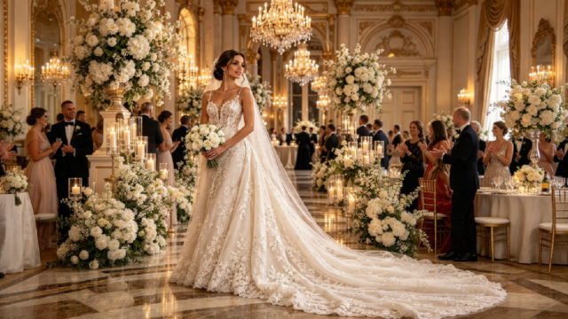 Novia luciendo un vestido de alta costura con cola larga durante una ceremonia de gala.