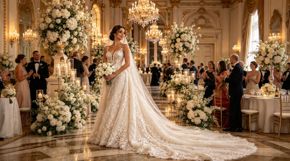 Novia luciendo un vestido de alta costura con cola larga durante una ceremonia de gala.