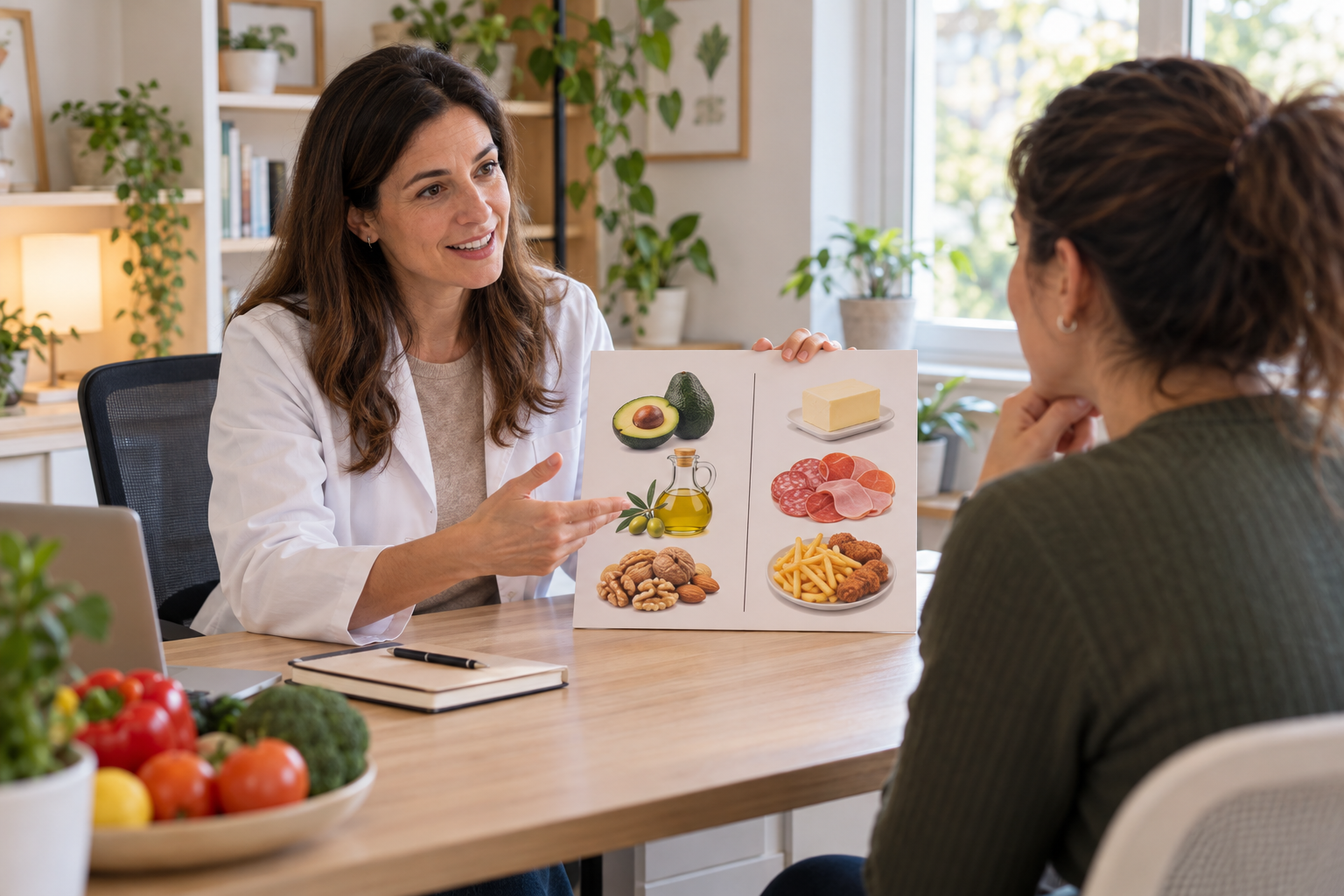 Nutricionista en su consultorio explicando las diferencias entre grasas saludables y saturadas.