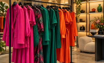 Perchero con ropa de colores intensos como fucsia, verde y naranja en una tienda de diseño.
