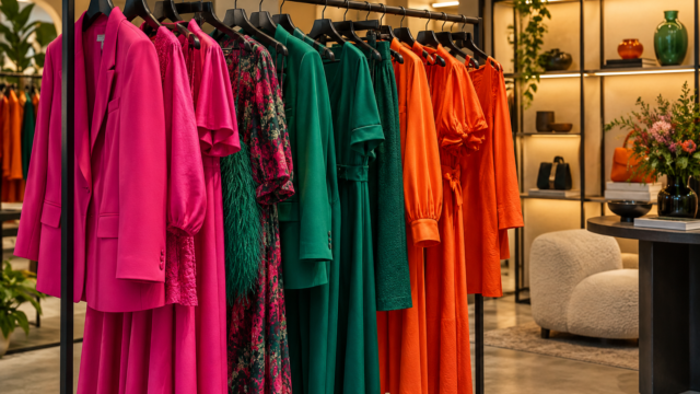 Perchero con ropa de colores intensos como fucsia, verde y naranja en una tienda de diseño.
