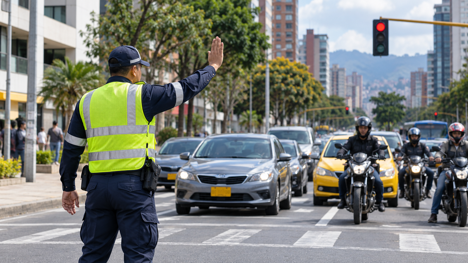 Inspectores de tránsito fiscalizando la circulación de automóviles en una calle colombiana.