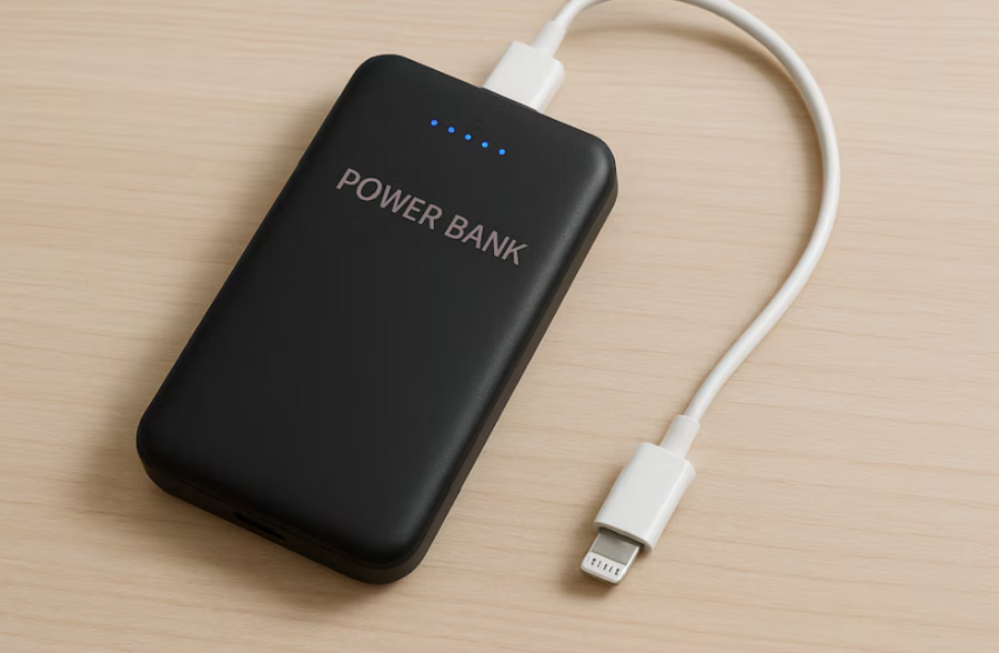 Cargador portátil negro con cable USB sobre una valija de mano abierta.