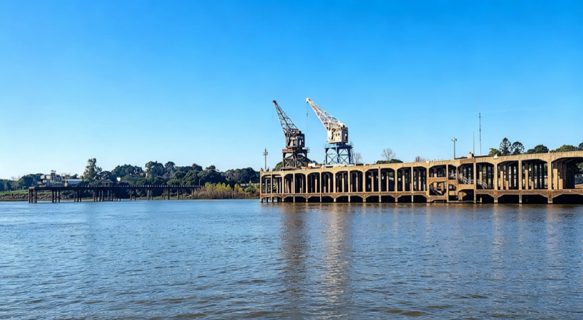 Draga de la Administración Nacional de Puertos realizando tareas de mantenimiento en el río.