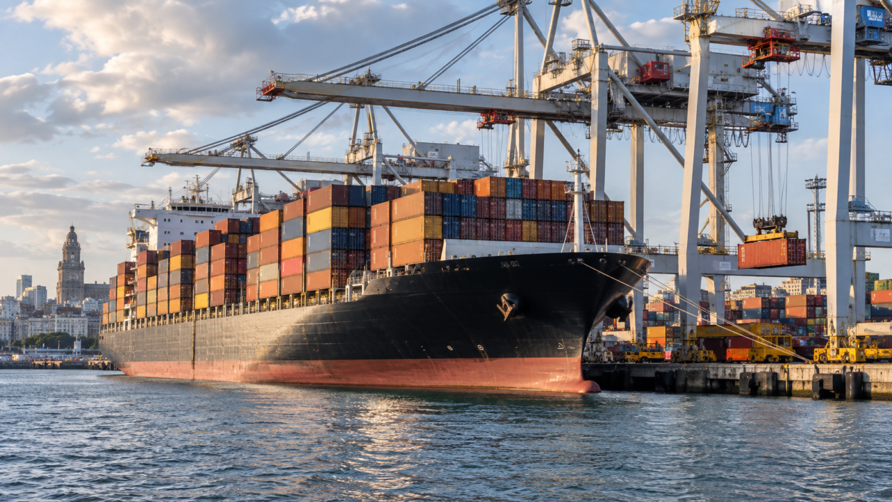 Buques de granel cargando mercancías en el muelle del puerto de Nueva Palmira sobre el río Uruguay.