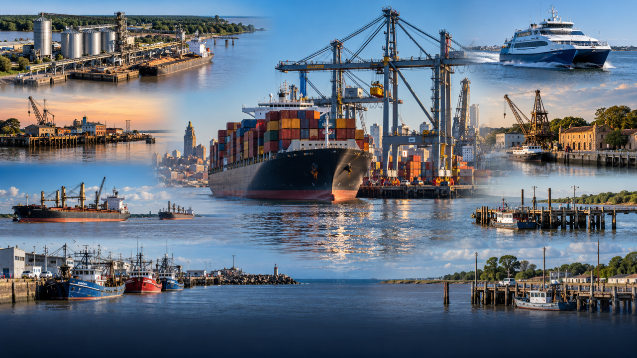 Grúas de puerto paradas y contenedores acumulados en la terminal del puerto de Montevideo.