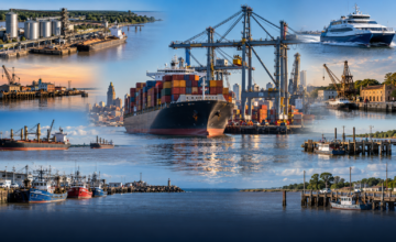 Grúas de puerto paradas y contenedores acumulados en la terminal del puerto de Montevideo.