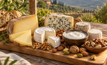 Tabla de madera con variedad de quesos artesanales, yogur natural y frutos secos.