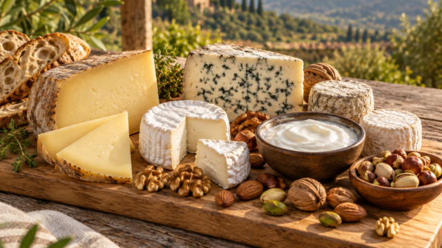 Tabla de madera con variedad de quesos artesanales, yogur natural y frutos secos.