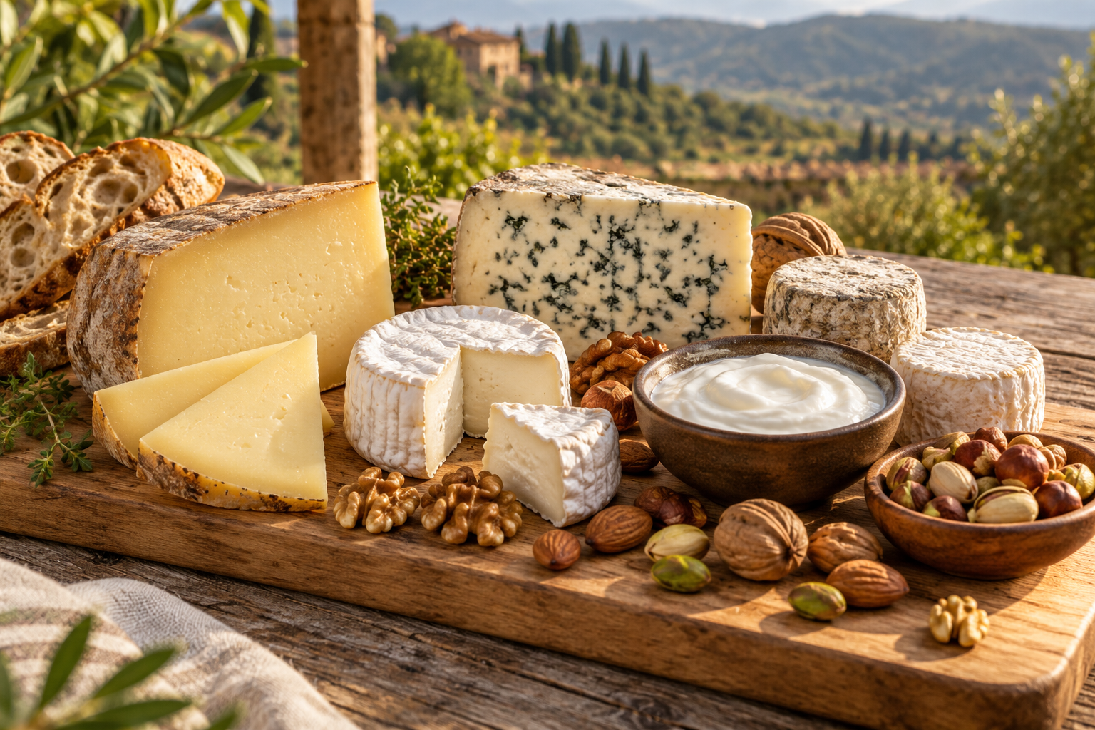 Tabla de madera con variedad de quesos artesanales, yogur natural y frutos secos.