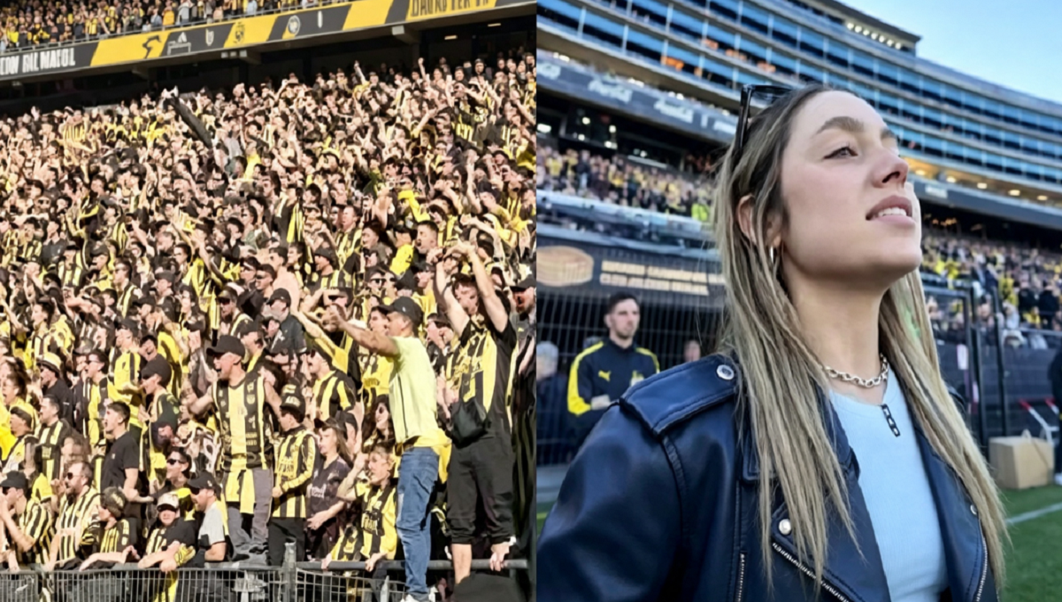 La periodista Sofi Martínez durante su cobertura en el estadio Campeón del Siglo