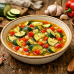 Plato humeante de sopa de calabacín sobre una mesa de madera
