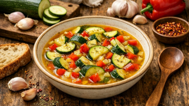 Plato humeante de sopa de calabacín sobre una mesa de madera