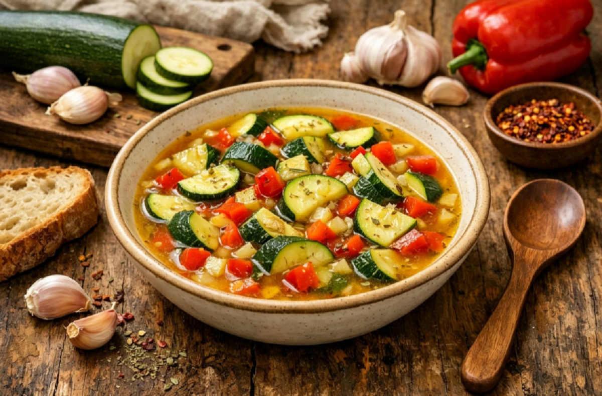 Plato humeante de sopa de calabacín sobre una mesa de madera